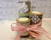 Wedding Country French Three Piece Candle Set  Birch Wood  Shabby Chic