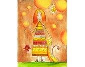 Happy girl with cat, birthday card, child's drawing, watercolor painting, hand drawn picture, digital file, for download, print, image, A4