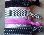 Set Of 5 Elastic Hair Ties In Black Glitter, Black Chevron, Bright Pink, Black With White Polk-A-Dots, Silver Glitter