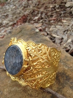 Wide Cuff t Made in Turkey Semi Precious Gray Agate and 24k Gold Plated Over Brass