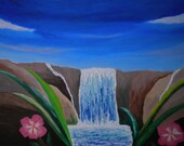 Peaceful and Tranquil Waterfall Scene  -   Original 24" X 36"  Acrylic Painting on Canvas - Imaginary Waterfal.  Now on Sale.