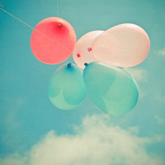 Flying High - Balloon photography, balloon art, nursery art, childrens art, teal, pastel pink, red, pastel decor 8x8 print - LolasBaby