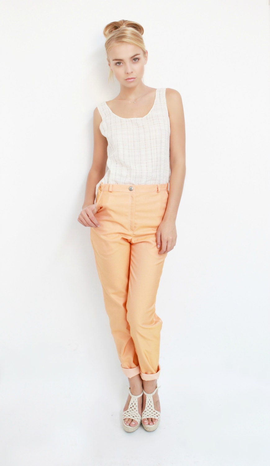 RTW3061P - Cotton denim jeans /pants in pastel orange color - ElenaVUSA