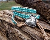 Triple wrap bracelet - Natural leather, iridescent turquoise seed beads, silver heart button, boho style, wrap style, stackable
