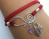 Red Genuine Deerskin Lace Leather Wrap Charm Bracelet - Silver Love Bead - Lilac & Clear Crystal Beads - Spiral Wire Closure -  Gift