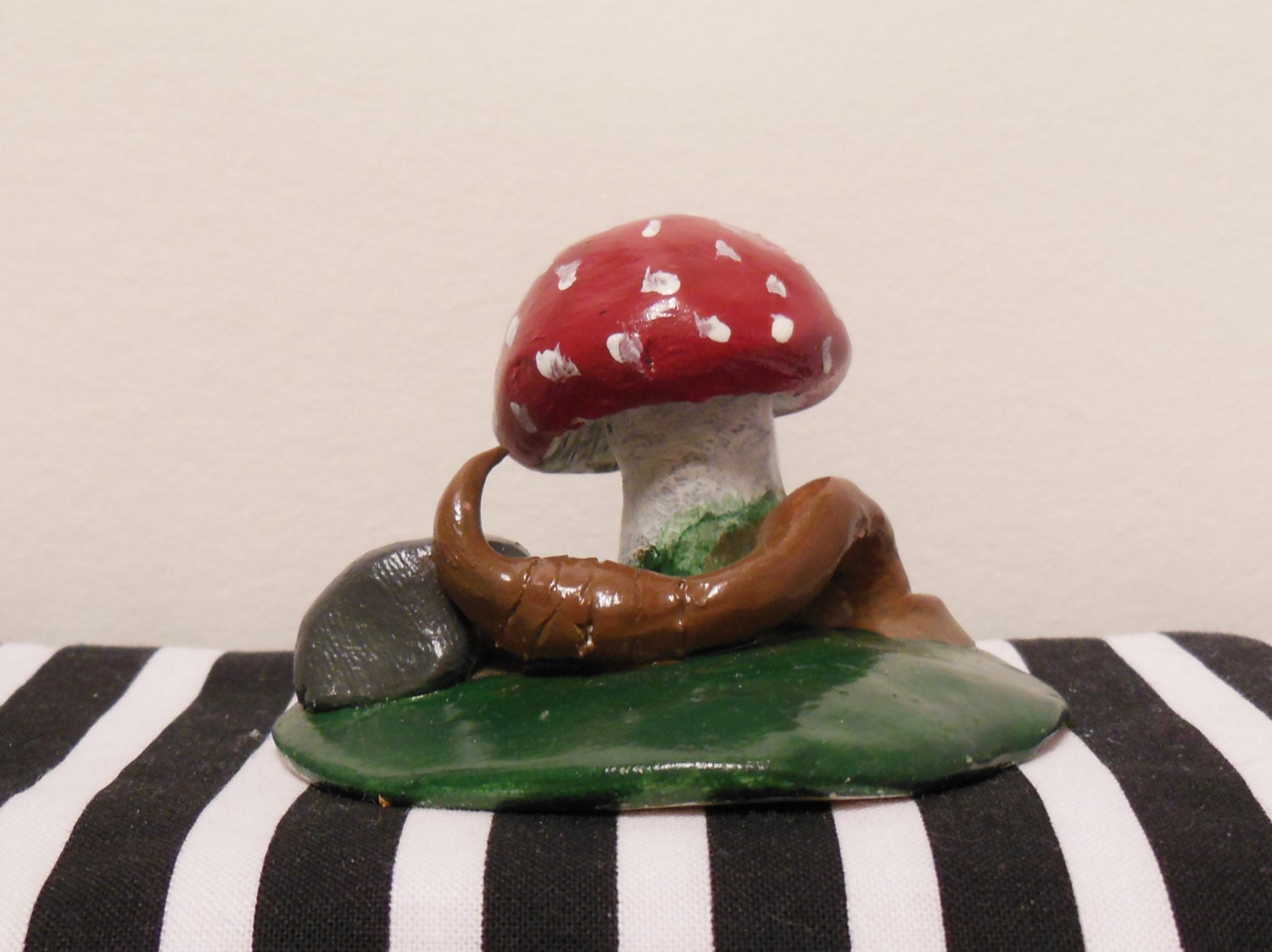 Handmade Whimsical Woodland Nature Mushroom and Worm Polymer Clay Sculpture Figurine Statue