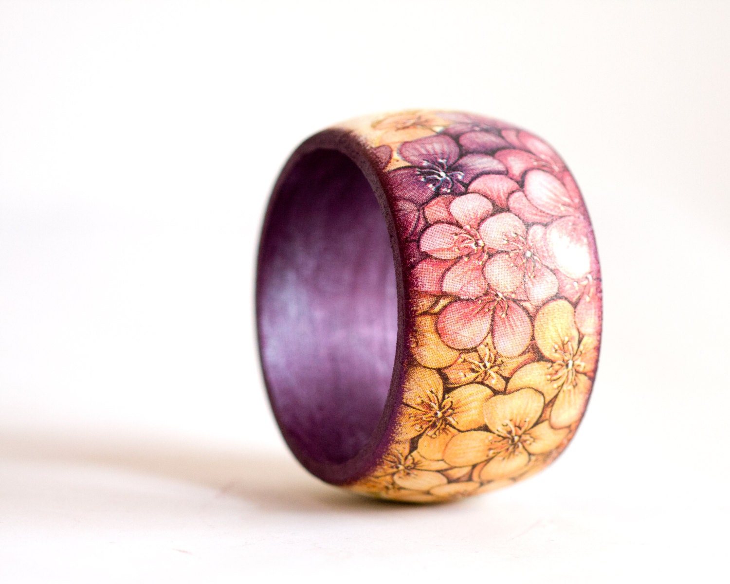 Hydrangea Flowers, Summer Garden Bangle in pink, purple and cream, Wood Bangle, Eco Friendly, Spring Statement Jewelry