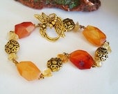 Lovely Carnelian Citrine Dragonfly Gemstone Bracelet Jewelry, Accenting Decorative Gold Beads, Wire Wrapped, Handmade USA, Healing Stones,