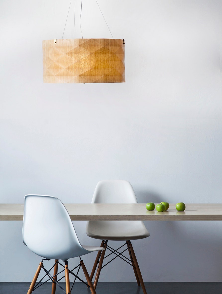 Contemporary Hanging lamp designed and unique, made of veneer, warm light and natural
