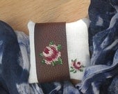 Rose embroidered Leather Cuff / Bracelet