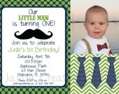 Little Man Mustache Bash Birthday Invitation - Ties Chevron Modern Trendy First 1st