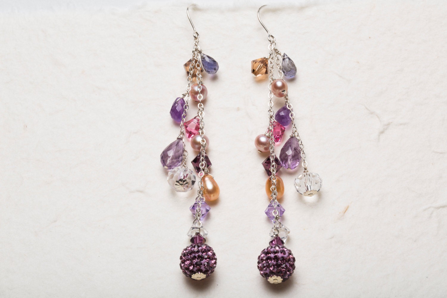 Violet Romance - Purple Disco Ball, Amethyst, Iolite, Swarovski Crystal, Pink and Golden Pearls Dangle Earrings with Sterling Silver Accents