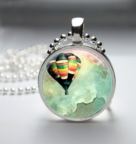 Hot Air Balloon Necklace Hot Air Balloon Pendant Hot Air Balloon Jewelry Glass Cabochon Bezel Art Photo Pendant
