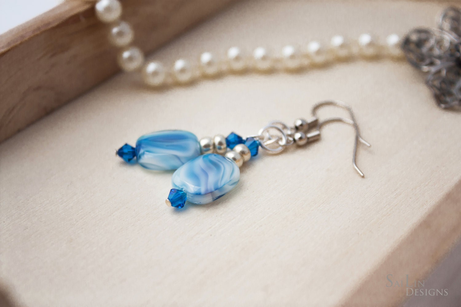 River Blues: Light Sapphire Blue Glass Beaded Earrings with Blue Capri Swarovski Crystals & Metallic Silver Czech Glass