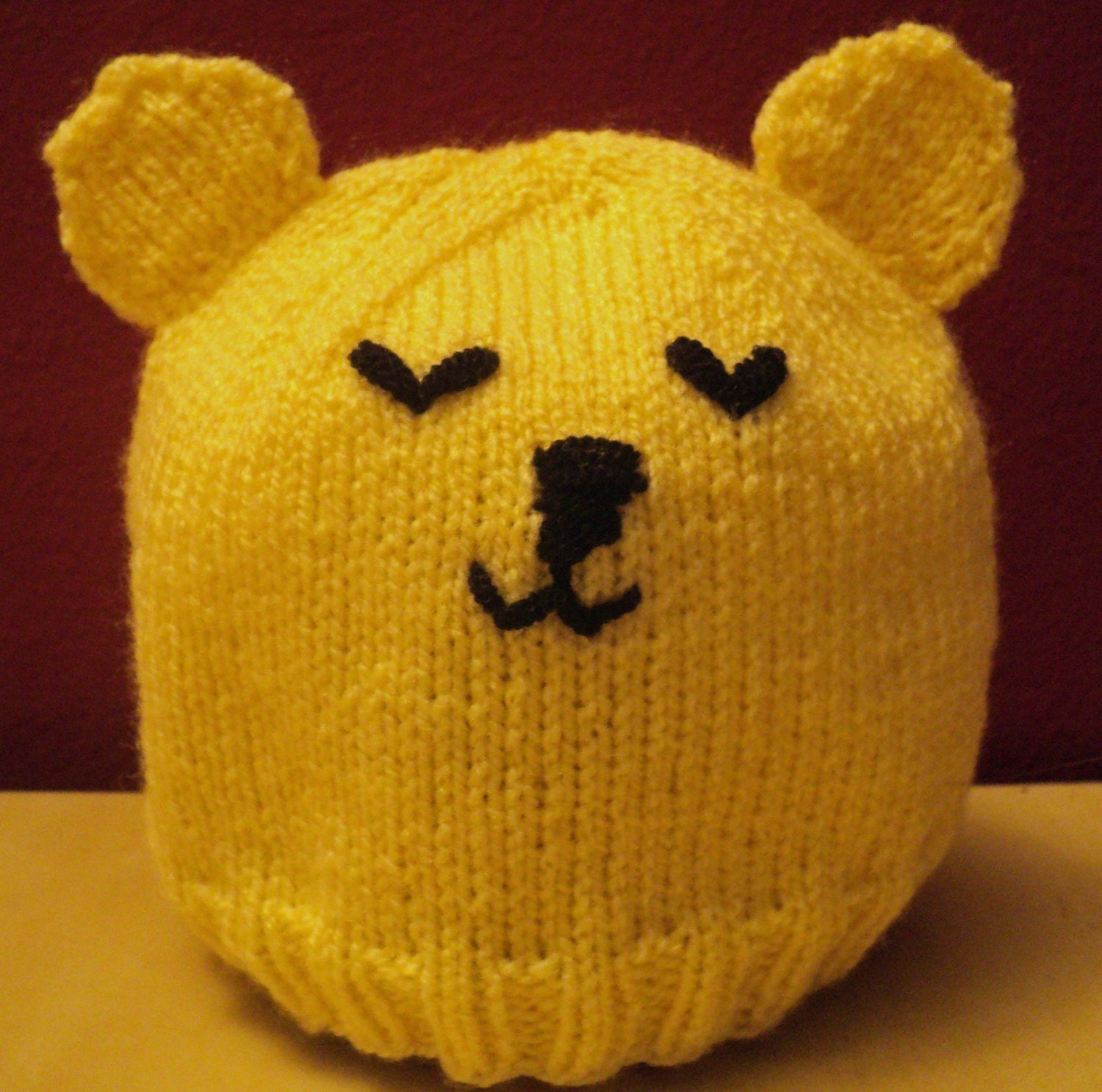 Hand-Knit  Baby Hat Yellow Bear Unisex - KnittyKatBoutique