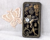 handmade black cell phone case for iphone 5 or 4 4s or ipod touch 4 5 hard cover with bronze Archery angel clock and chain
