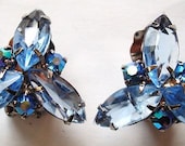 Vintage 1950s open backed blue rhinestone navette earrings