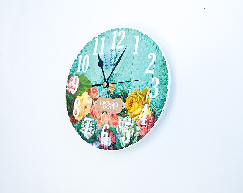 Rose Clock. Vintage clipart collage clock. Decoupage handmade clock in turquoise yellow red shades. 8 inch diameter