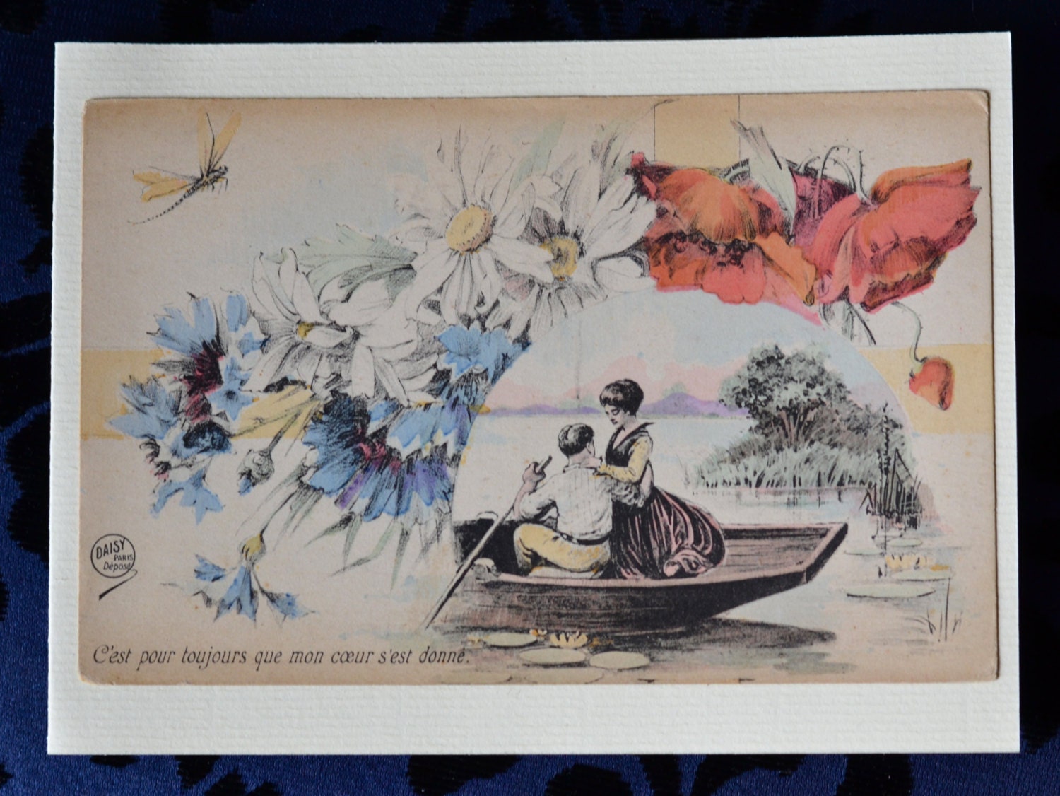 Vintage French lovers in a boat - Vintage French Greeting Card (mounted vintage French postcard)