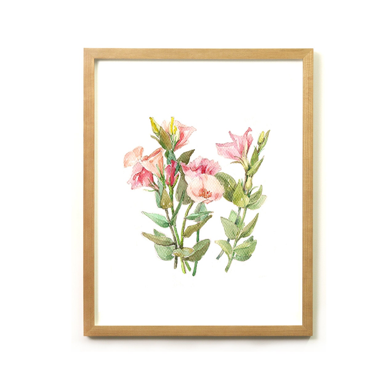 Eustoma Russellianum Floral Botanical Print Illustration Watercolor Garden Spring Home Decor Peach Pink Green Handmade