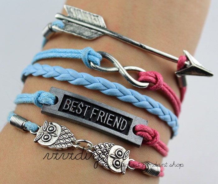 Arrow bracelet-Infinity karma bracelet-bestfriend owls bracelet-wax rope leather braid handmade jewelry Personalized bangle boy friend gift