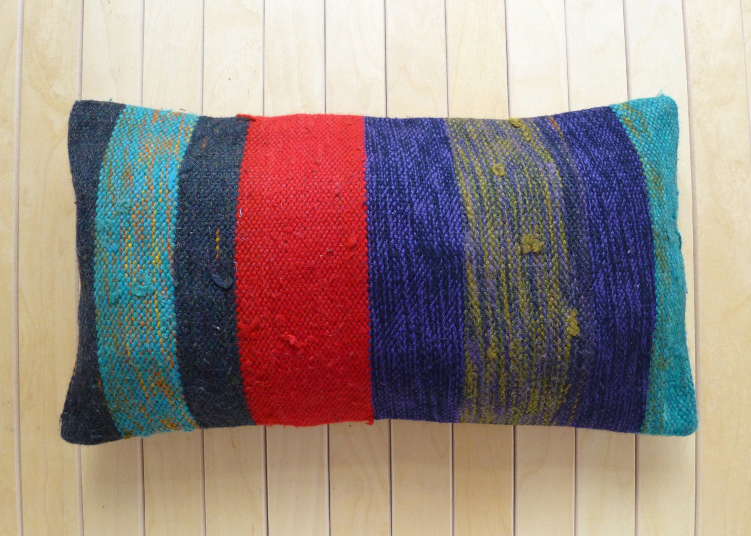 Decorative Throw Pillow Wool Red Blue Turquoise Lumbar with stripes Gorgeous Cushion cover Vintage Hand made Pillow cover