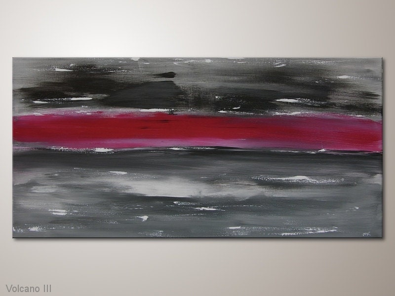 Unique modern art painting: "volcano" - abstract artwork -contemporary wall decoration - acrylics-red,black,design, 39.37x19.69