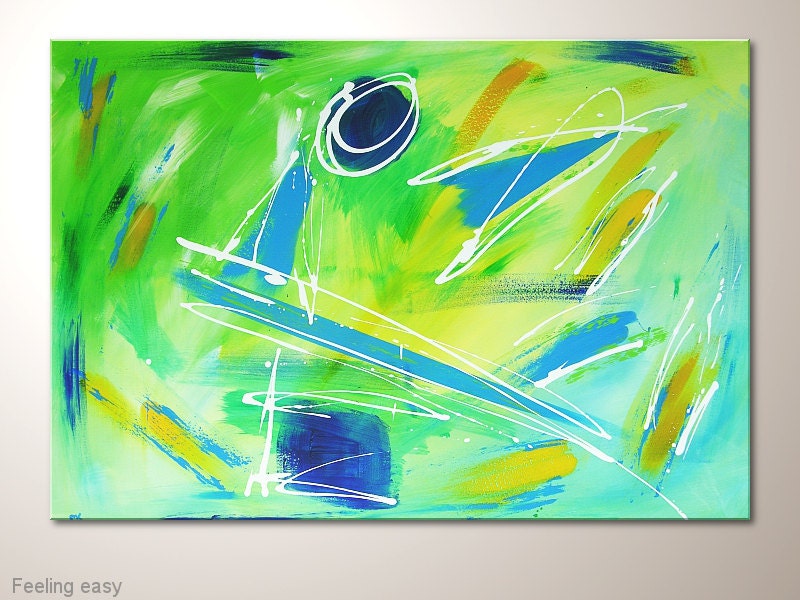 Unique modern art painting: "Feeling easy" - abstract artwork -contemporary wall decoration- design - office- home-decor,green,blue