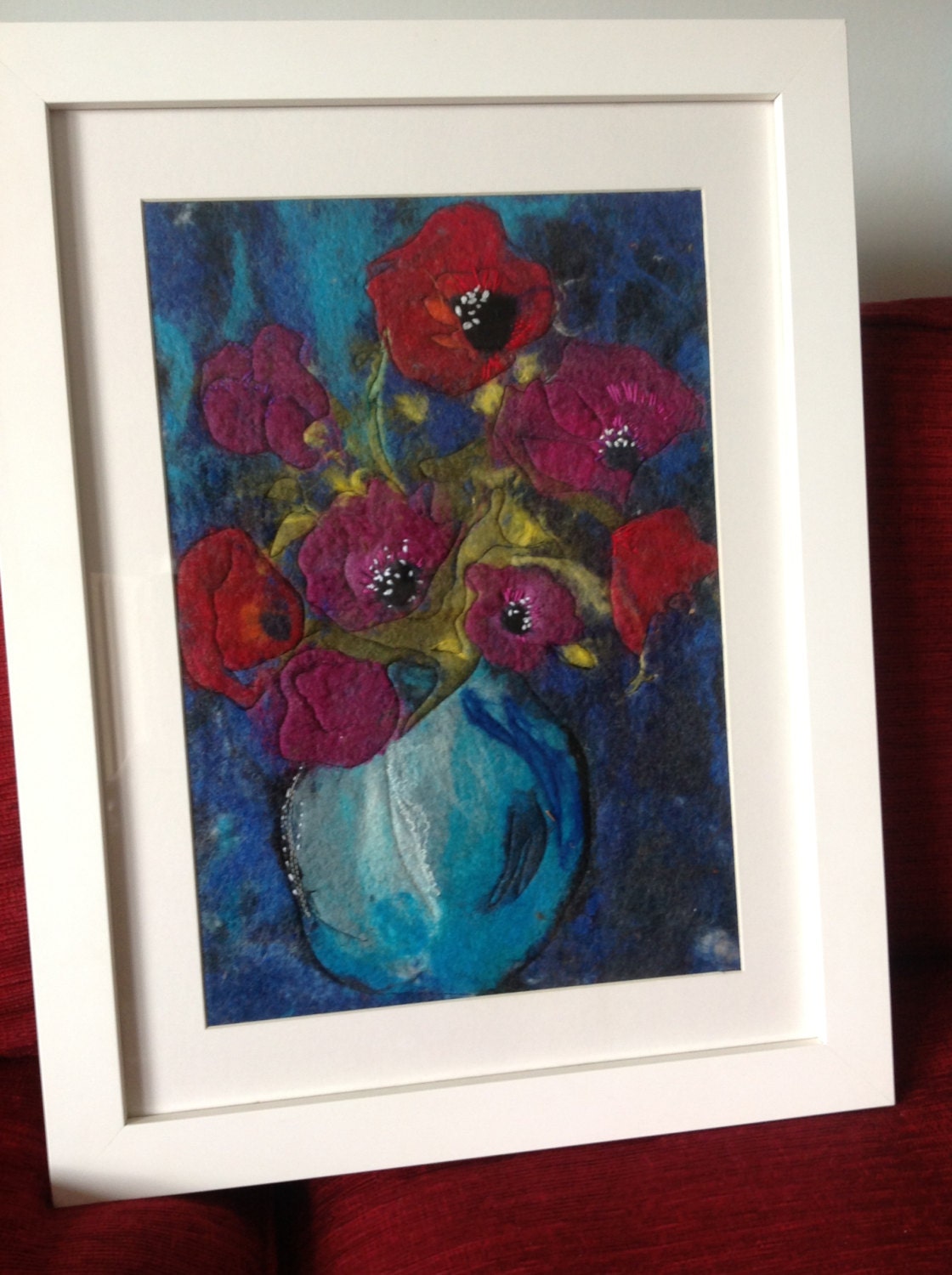 Felted wall art. Textile art. Wool Fiber art. Handmade felting. Abstract flowers.