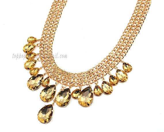 Tear Drop Statement Gold Necklace, Golden Crystal Necklace, Chunky Necklace,  Bridal Gifts, Party, Holiday, Wedding Jewelry (TP-N-00010B)