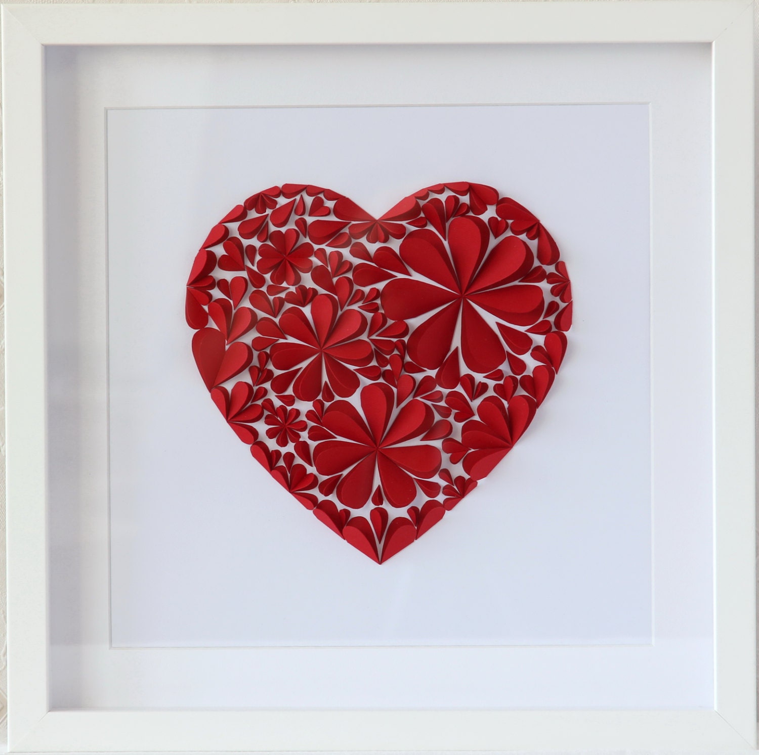 White Box Frame Handmade 3D Art Blossom Flowers Heart Handcut Paper Red Wall Decoration Deco Gift Birthday Wedding Anniversary Spring