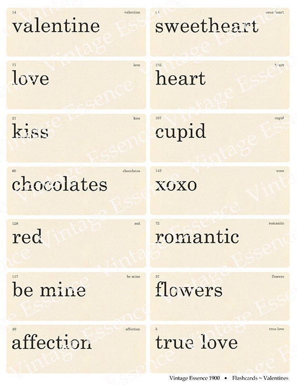 VALENTINE FLASHCARDS Vintage Style Digital Collage Sheet for Altered Art Mixed Media Scrapbooking