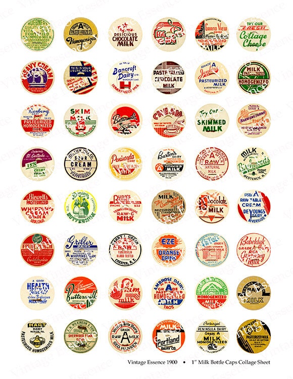 MILK BOTTLECAPS 1 INCH Circles Vintage Digital Collage Sheet for Buttons Jewelry Scrapbooking Altered Art Mixed Media