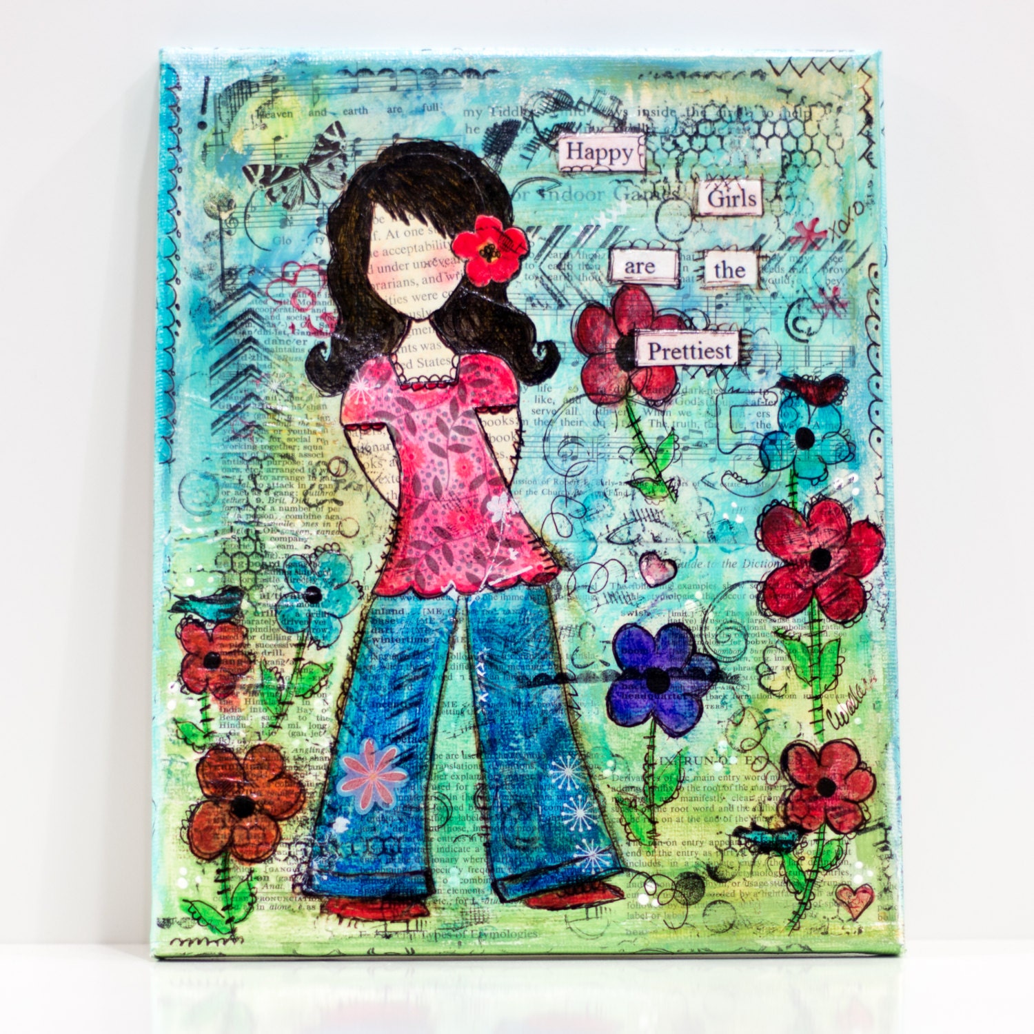 Original Mixed Media Canvas Happy Girls