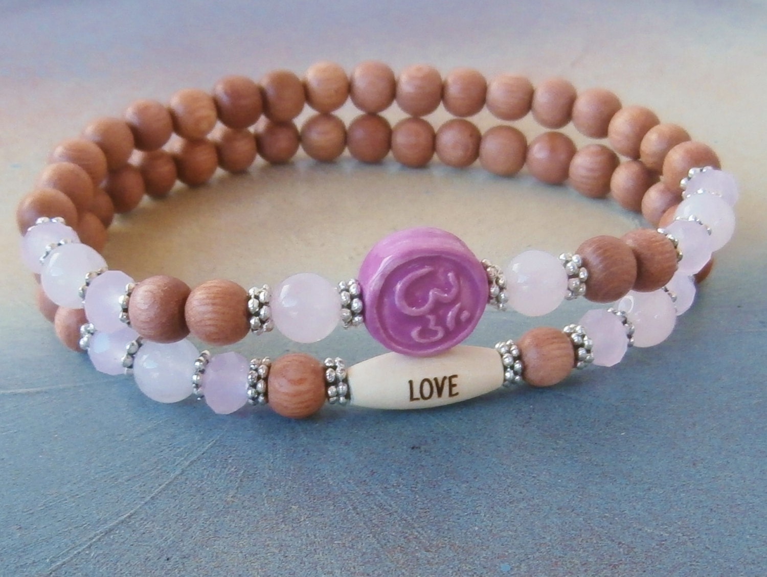 Women's Love Rose Quartz, Om Bracelet set, Mala set, intention bracelet, Gemstone bracelet, Buddhist bracelet