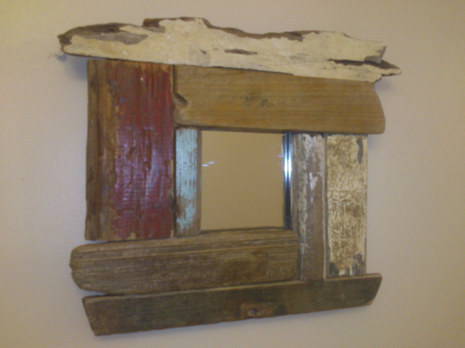 Driftwood Mirror colourful red white and blue driftwood mirror English French colour scheme beach hut handmade in UK