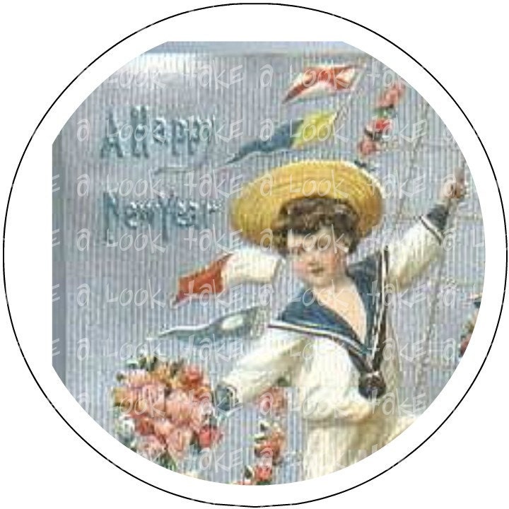 1.5 1 1/2 inch  DIGITAL DOWNLOAD new year sailor circle  no. 410 button badge pin  vintage  christmas xmas santa toy bag suit red presents