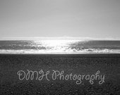 Digital photo of a volcanic black sand beach facing the ocean (B&W 11x14 in glossy print) Fine art photography.