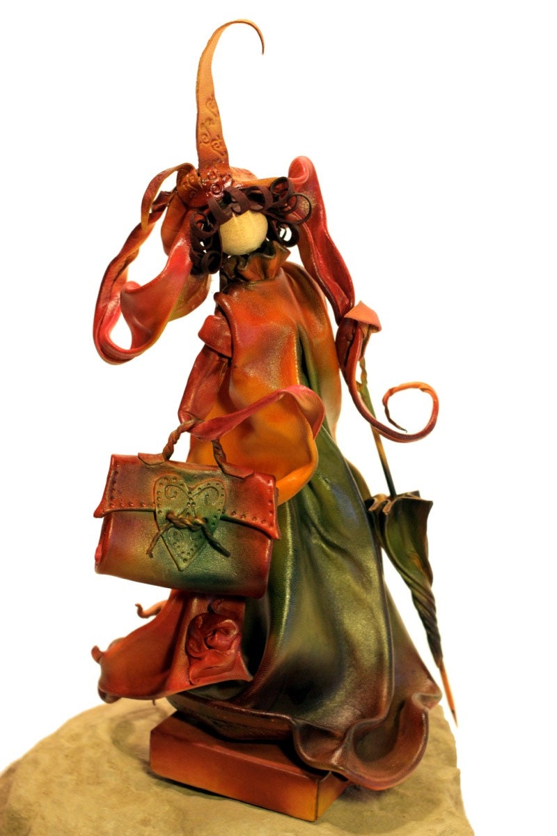 Pixie 'Lady Sykes' - hand crafted leather sculpture figurine with base - fantasy character - ornament -  medium size