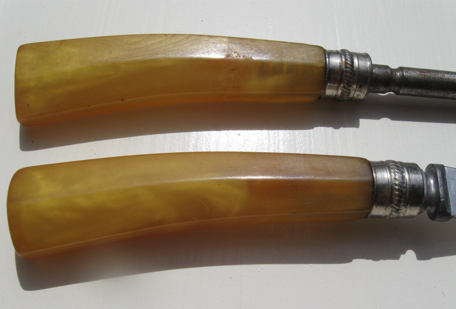 Vintage Serving Utensils Bakelite Cutlery Flatware Metal Collar Handle Meat Fork Knife Sharpener Set Large Antique Farmhouse