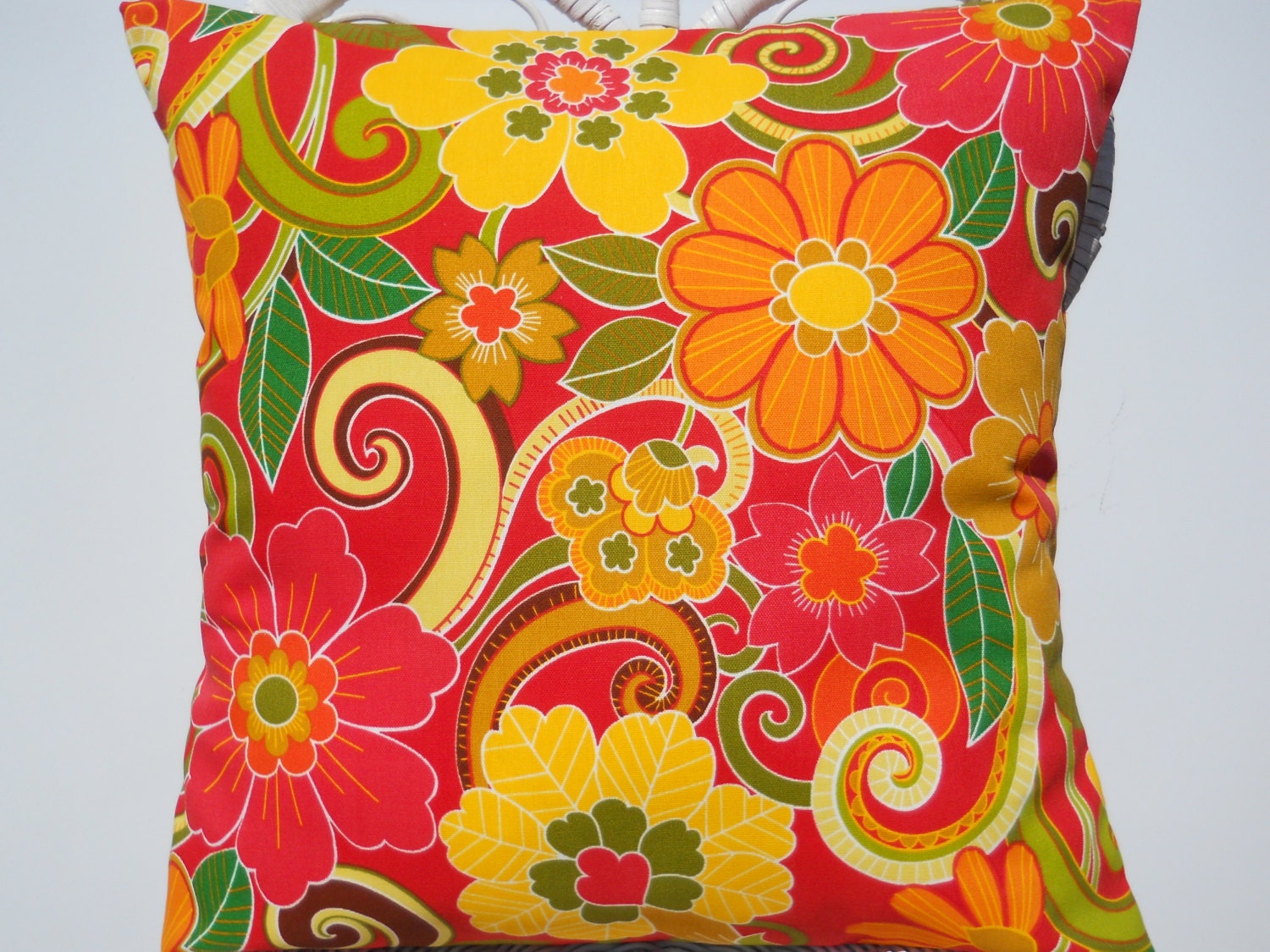 Red Floral Pillow Cover, Modern Indoor/Outdoor Pillow, 20'' Decorative Red Pillow, Stylish Sun/Shade Pillow Cover, Mustard, Orange