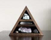 crystal and mineral stone collection in handmade triangle wood curio shelf