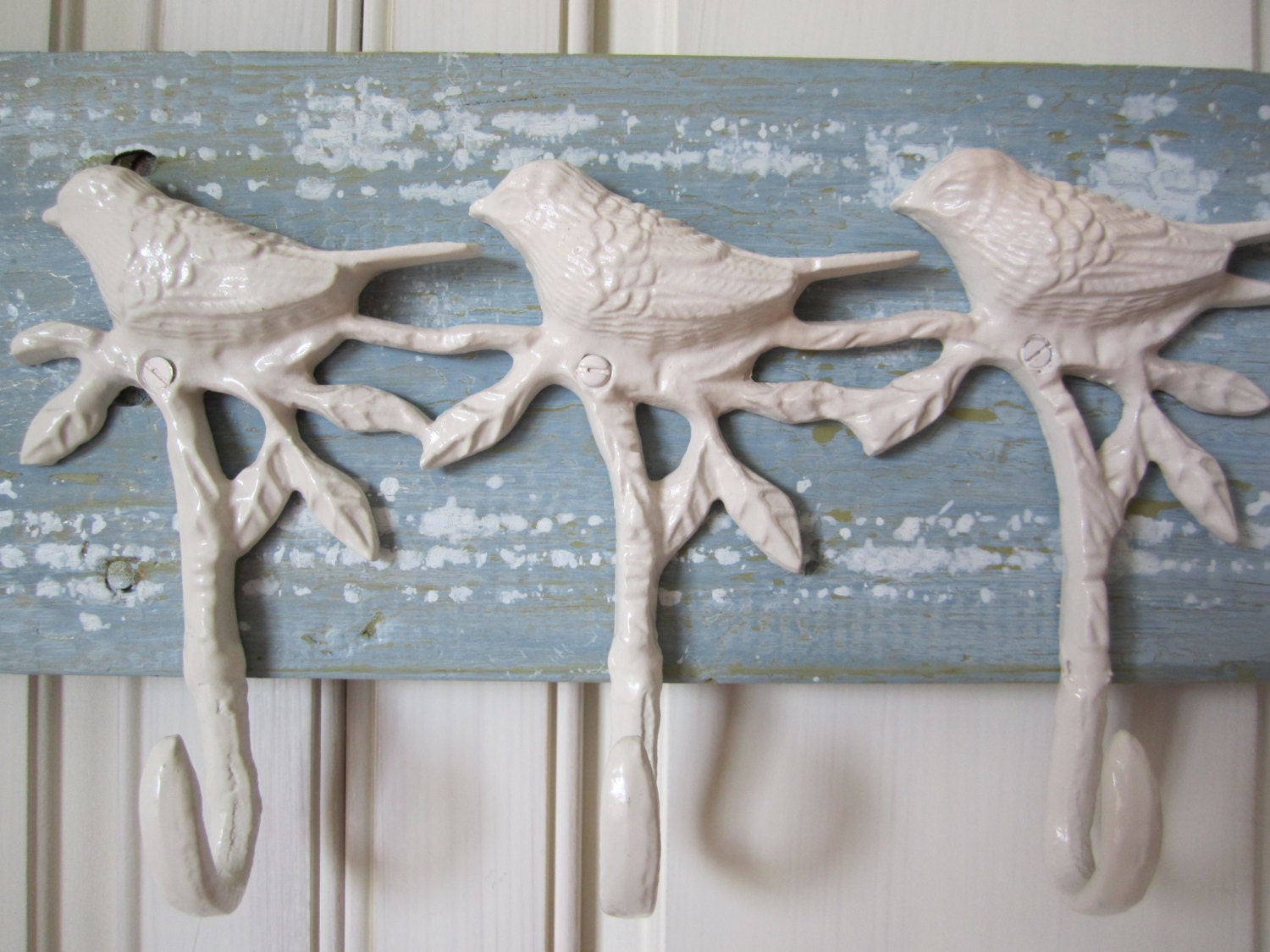 Cast Iron Bird Wall Hook Coat Rack, Jewelry Organizer, Towel Rack, Hand-Painted, Reclaimed Wood, Shabby Chic Cottage Blue