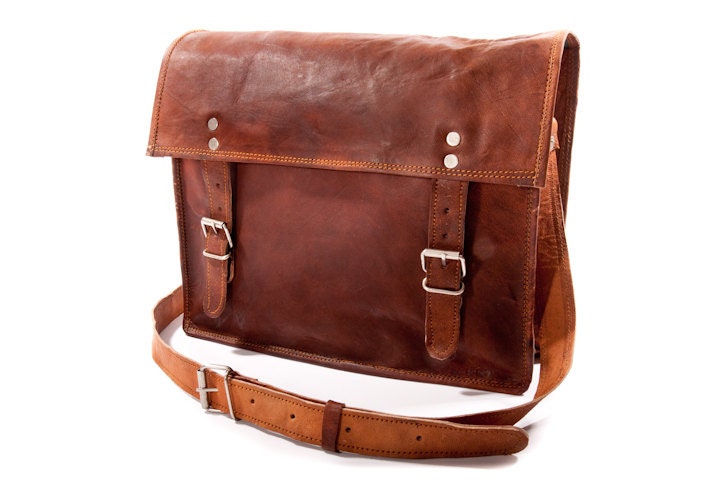 REAL LEATHER SATCHEL, Bag, Vintage, Retro, 13", handmade, messenger, laptop, tan