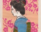 Umegoyomi ORANGE PLUM Linocut print - Maiko with ume flowers Trainee Geisha - Japanese Girl Blue Kimono - Limited edition