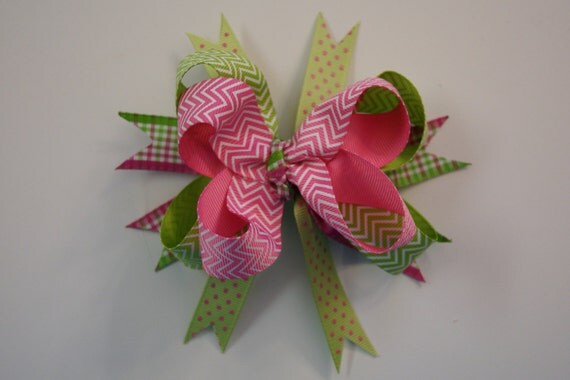 Pink and Green Chevron Stacked Bow