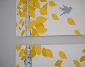 Original Acrylic Painting "Freedom" on 2 Separate Canvases-  Birch Tree with Bird, Yellow, Grey, White and Grey Blue/Green