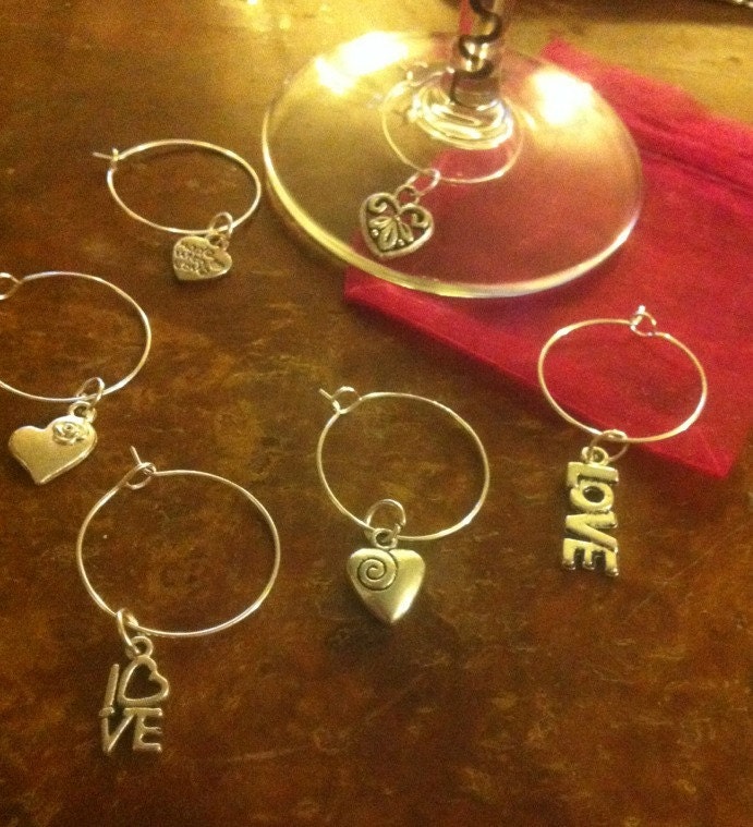 6 Wine Glass Charms & Gift Bag Handmade Love -Wedding Favours Engagement