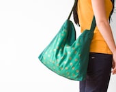 Green Hobo Bag, Rock Skulls Shopper Bag, Green Weekend Handbag with Gold Skulls, Everyday Purse
