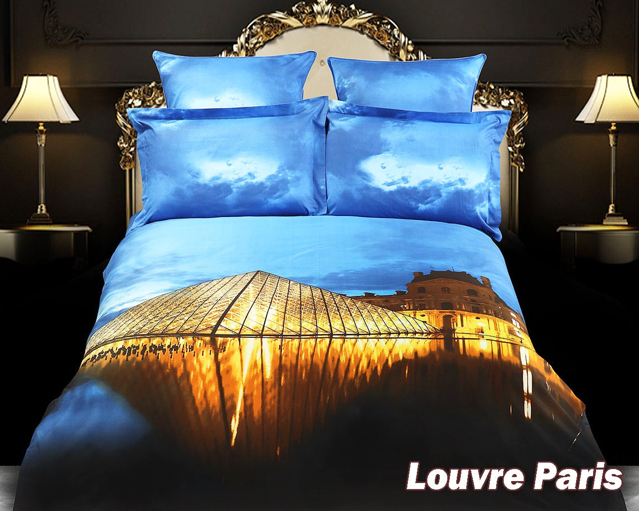 Dolce Mela - Louvre Paris, King Size 6 Pieces Duvet Cover Set  100% Cotton City Themed Bedding DM430K